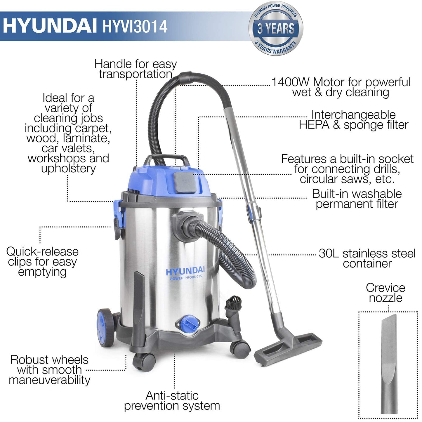 HYUNDAI Wet and Dry Vacuum Cleaner 30L, 1400W, Industrial Vacuum Cleaner