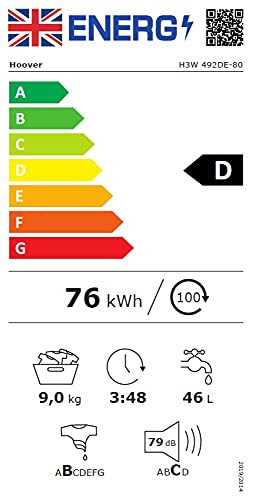 Hoover H-Wash 300 H3W492DE Free Standing Washing Machine, Rapid Wash Cycles, 9 kg Load, 1400 rpm, White