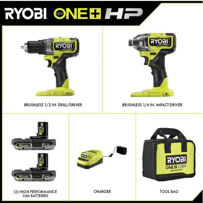 RYOBI ONE+ HP 18V Brushless Cordless Combo Kit w/ 1/2 in. Drill, 1/4 in.