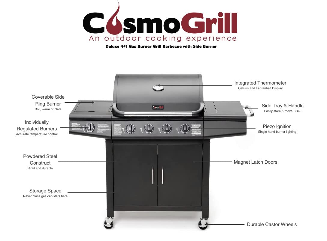 CosmoGrill Pro Deluxe 5 Gas Burner 4+1 Barbecue Grill, Steel Warming Rack, Side-Burner