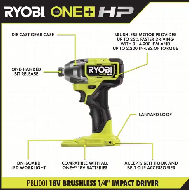 RYOBI ONE+ HP 18V Brushless Cordless Combo Kit w/ 1/2 in. Drill, 1/4 in.