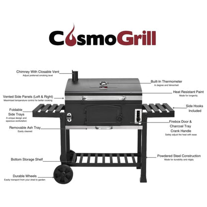 CosmoGrill Outdoor XXL Smoker Barbecue Charcoal Portable BBQ Grill | Lid Cover