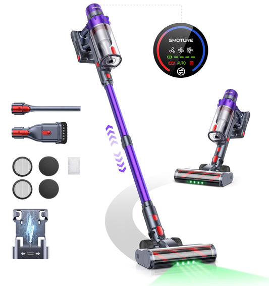 SMOTURE Cordless Vacuum Cleaner, 550W 45KPA Stick Vacuum with Touch Screen, Up to 60 Mins Runtime