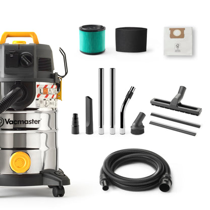 Vacmaster Wet & Dry Vacuum Cleaner 30L with Push Clean Filter. 240V L Class Industrial Dust Extractor.